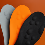 Three shoe insoles in black, orange, and gray held by a hand against an orange background with 'trimmable' branding.